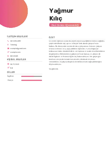 Okul Öncesi Öğretmeni Öğretmenliği Cv Örnekleri cv indir